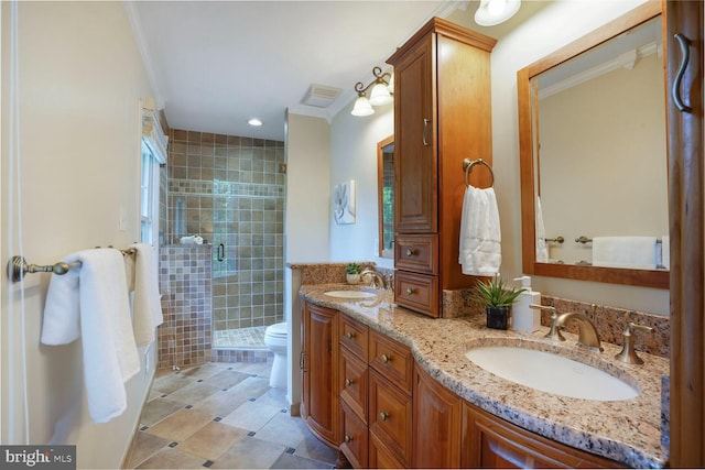 1429 Valley Mill Ct, Herndon, VA 20170 - bathroom with crown molding, double vanity, a shower stall, and tile patterned floors