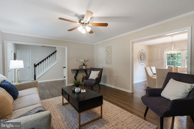 1429 Valley Mill Ct, Herndon, VA 20170 - living area featuring stairs, wood finished floors, ornamental molding, and a ceiling fan