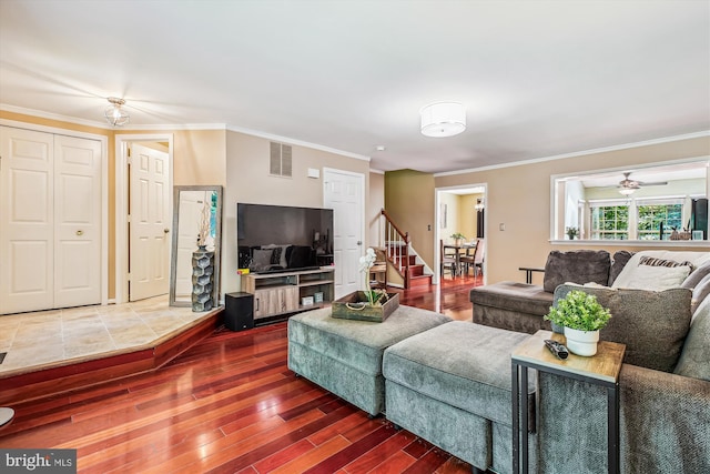 14329 Long Channel Dr, Germantown, MD 20874 - living room featuring crown molding, wood finished floors, stairway, and a ceiling fan