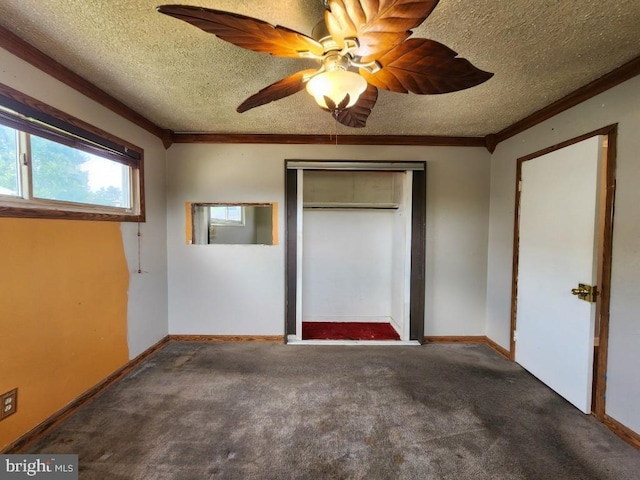 6222 Catalpha Rd, Baltimore, MD 21214 - unfurnished bedroom with a textured ceiling, a closet, carpet floors, crown molding, and a ceiling fan
