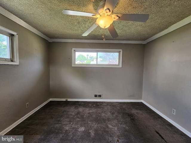 6222 Catalpha Rd, Baltimore, MD 21214 - carpeted spare room with crown molding, a textured ceiling, and a ceiling fan