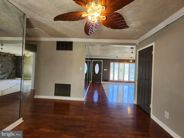6222 Catalpha Rd, Baltimore, MD 21214 - unfurnished living room featuring a textured ceiling, wood finished floors, crown molding, and a ceiling fan