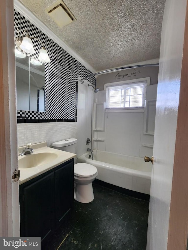 6222 Catalpha Rd, Baltimore, MD 21214 - bathroom with vanity, ornamental molding, shower / bathtub combination, a textured ceiling, and tile walls