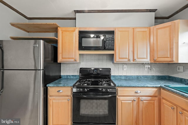 2216 Gaylawn Dr, Halethorpe, MD 21227 - kitchen featuring black appliances, crown molding, backsplash, dark countertops, and light brown cabinetry