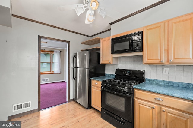 2216 Gaylawn Dr, Halethorpe, MD 21227 - kitchen with black appliances, ornamental molding, ceiling fan, light brown cabinets, and light wood-type flooring