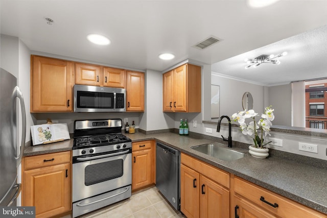 1205 N Garfield St Unit 711, Arlington, VA 22201 - kitchen with stainless steel appliances, dark countertops, ornamental molding, light tile patterned floors, and recessed lighting