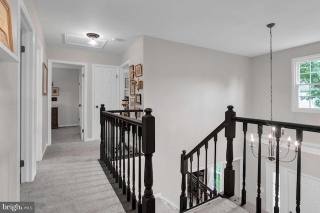 12513 Dardanelle Ct, Herndon, VA 20170 - hallway featuring an upstairs landing, carpet floors, and a chandelier