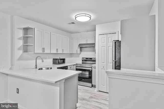20 Deer Run Ct Unit D, Baltimore, MD 21227 - kitchen with appliances with stainless steel finishes, under cabinet range hood, a peninsula, open shelves, and light countertops