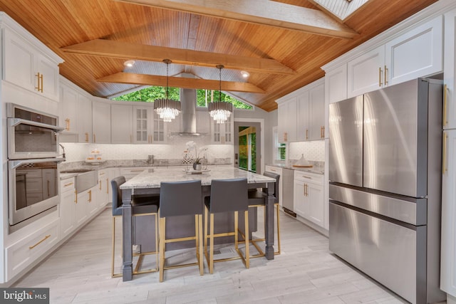 11726 Lariat Ln, Oakton, VA 22124 - kitchen featuring stainless steel appliances, wooden ceiling, white cabinets, and a chandelier