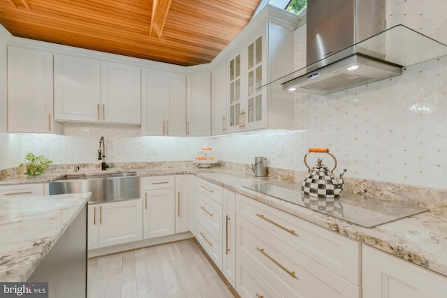 11726 Lariat Ln, Oakton, VA 22124 - kitchen featuring wooden ceiling, exhaust hood, white cabinetry, light wood-type flooring, and electric stovetop