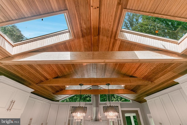 11726 Lariat Ln, Oakton, VA 22124 - detailed view of a wooden ceiling with exposed beams, a chandelier, and a skylight