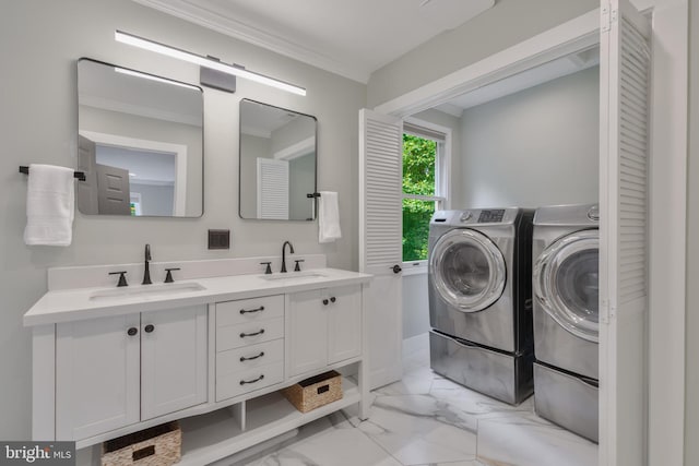 11726 Lariat Ln, Oakton, VA 22124 - bathroom with washing machine and clothes dryer, marble look tiles, double vanity, and crown molding