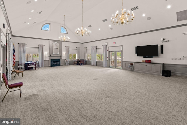14 Mcconkey Dr, Washington Crossing, PA 18977 - living room featuring high vaulted ceiling, a chandelier, carpet floors, recessed lighting, and a fireplace