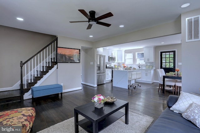 1204 Krueger Ave, Rosedale, MD 21237 - living room featuring dark wood-type flooring, a ceiling fan, and recessed lighting