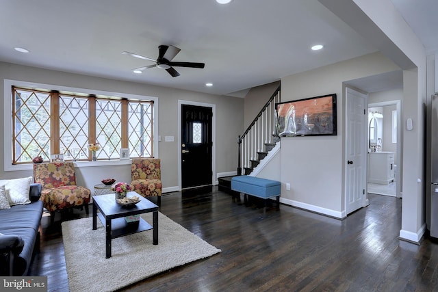 1204 Krueger Ave, Rosedale, MD 21237 - living room with a ceiling fan, dark wood-type flooring, stairs, and recessed lighting