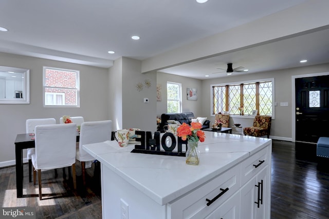 1204 Krueger Ave, Rosedale, MD 21237 - kitchen featuring open floor plan, recessed lighting, white cabinets, dark wood-style flooring, and light stone countertops