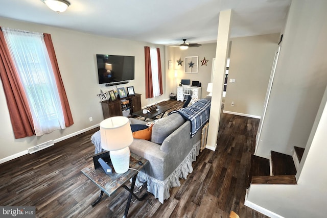 75 Railroad Ave, York Haven, PA 17370 - living room with dark wood-style flooring, ceiling fan, and plenty of natural light