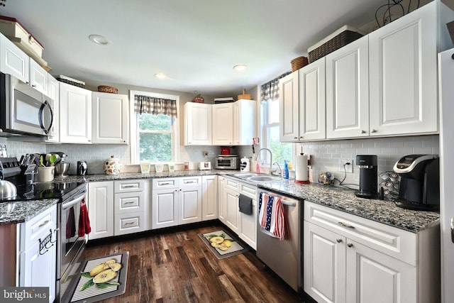 75 Railroad Ave, York Haven, PA 17370 - kitchen featuring stainless steel appliances, dark wood finished floors, white cabinets, tasteful backsplash, and recessed lighting