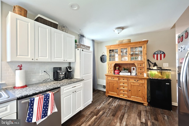 75 Railroad Ave, York Haven, PA 17370 - kitchen featuring dishwashing machine, tasteful backsplash, dark wood finished floors, white cabinets, and stainless steel refrigerator with ice dispenser