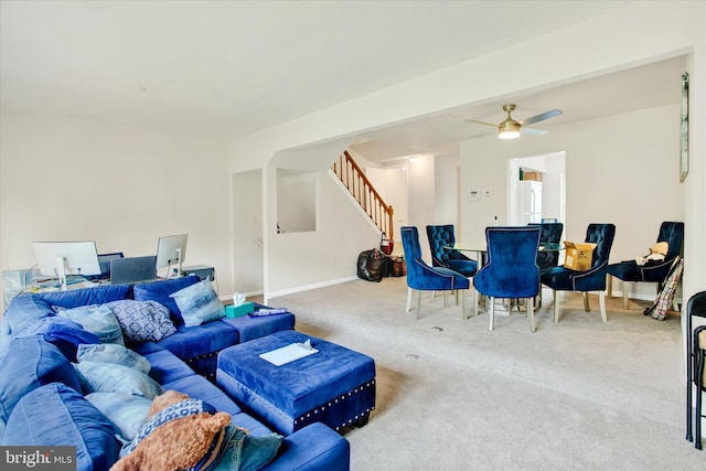 37 Joyceton Way, Upper Marlboro, MD 20774 - living room with carpet, stairway, and ceiling fan
