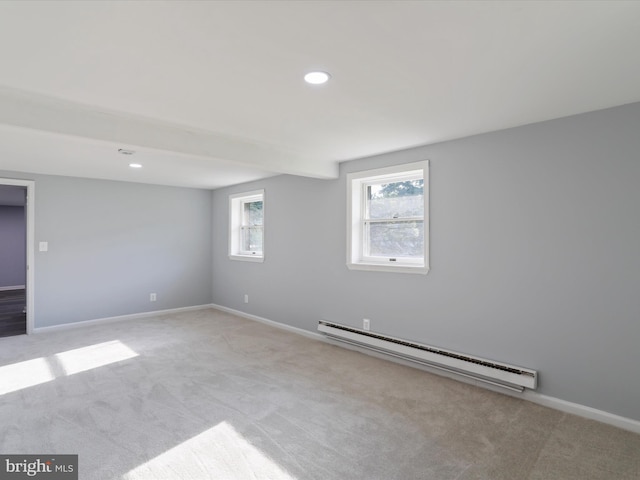 8175 Stone Bridge Rd, Greencastle, PA 17225 - basement featuring a baseboard radiator, light carpet, and recessed lighting