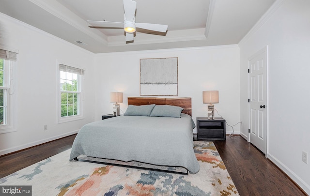 712 Arch Hall Ln, Alexandria, VA 22314 - bedroom with a tray ceiling, wood finished floors, ornamental molding, and ceiling fan