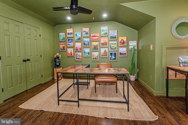 712 Arch Hall Ln, Alexandria, VA 22314 - home office featuring a ceiling fan, dark wood-type flooring, recessed lighting, and vaulted ceiling