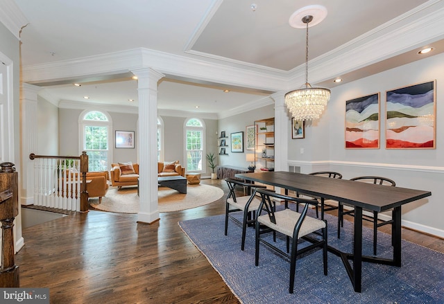 712 Arch Hall Ln, Alexandria, VA 22314 - dining area with ornate columns, dark wood-style flooring, a chandelier, ornamental molding, and recessed lighting