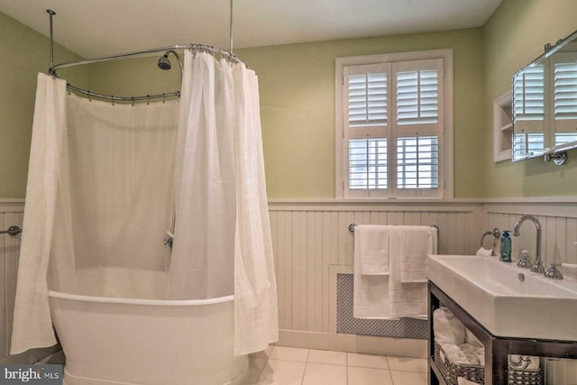 1831MUTLI-UNIT Spruce St, Philadelphia, PA 19103 - full bathroom with wainscoting, vanity, shower / bathtub combination with curtain, and tile patterned floors