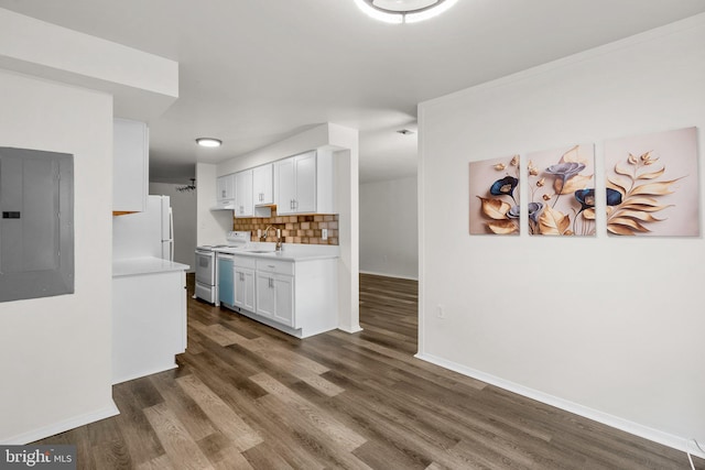 435 Christopher Ave Unit 23, Gaithersburg, MD 20879 - kitchen featuring electric panel, white appliances, light countertops, dark wood finished floors, and decorative backsplash