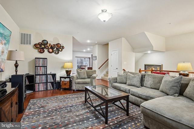15219 N Berwick Ln, Upper Marlboro, MD 20774 - living room with dark wood-type flooring and stairway