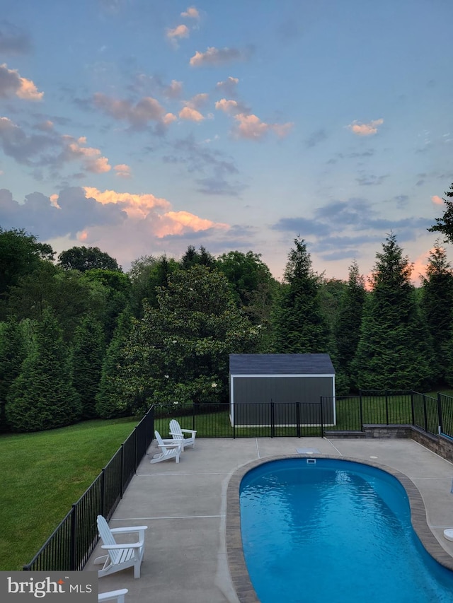 2508 Flagg Meadow Ct, Finksburg, MD 21048 - pool at dusk with a patio and an outbuilding