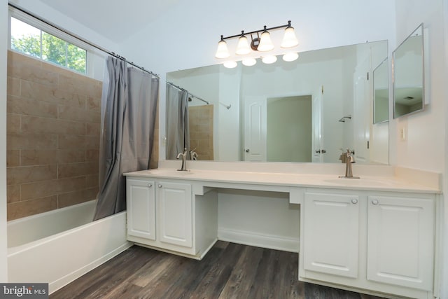 2066 Capstone Cir, Herndon, VA 20170 - bathroom with shower / bath combination with curtain, double vanity, and wood finished floors
