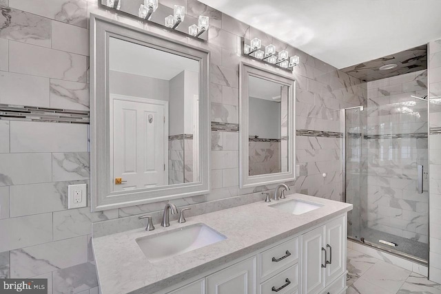 166 Neil Ct, Princeton, NJ 08540 - full bathroom featuring tile walls, a shower stall, double vanity, and marble look tiles