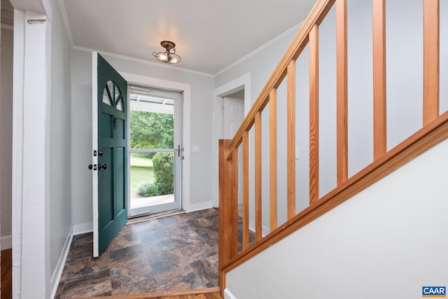 343 Burnt Tree Way, Orange, VA 22960 - foyer entrance featuring stairway, crown molding, and stone finish floors
