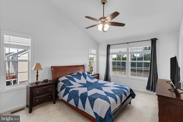 7129 Durrette Rd, Ruther Glen, VA 22546 - bedroom featuring light colored carpet, a ceiling fan, and high vaulted ceiling