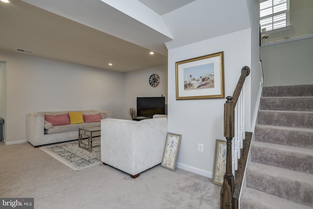 6647 Ballenger Run Blvd, Frederick, MD 21703 - living room with carpet floors, stairway, and recessed lighting