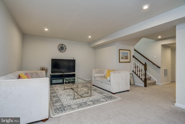 6647 Ballenger Run Blvd, Frederick, MD 21703 - carpeted living area featuring stairway and recessed lighting
