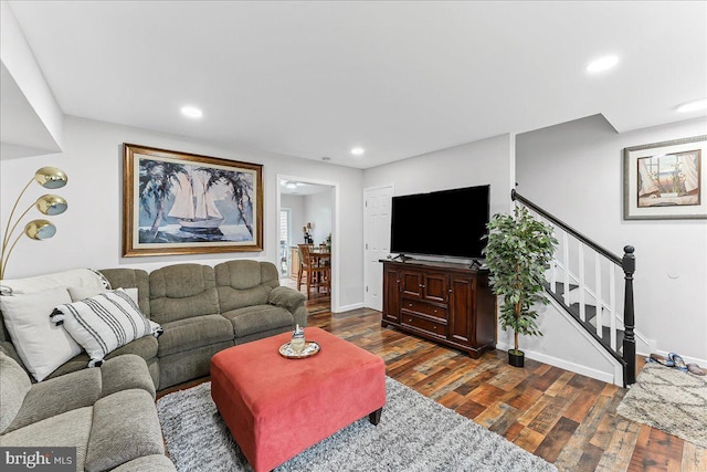 15 Willow Ct, Elkton, MD 21921 - living room featuring dark wood-style floors, stairway, and recessed lighting