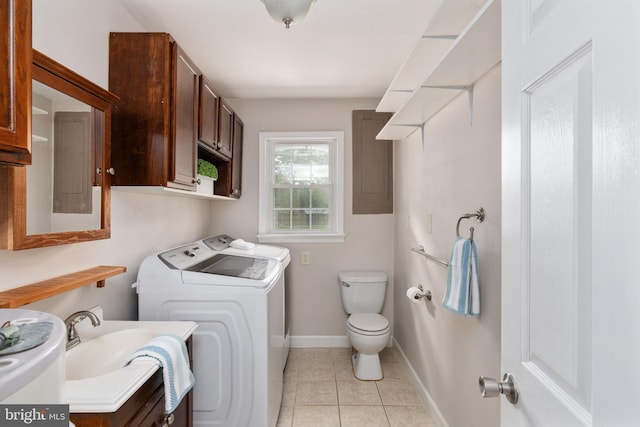 5379 Payne Dr, King George, VA 22485 - laundry area with light tile patterned flooring, washing machine and dryer, and electric panel