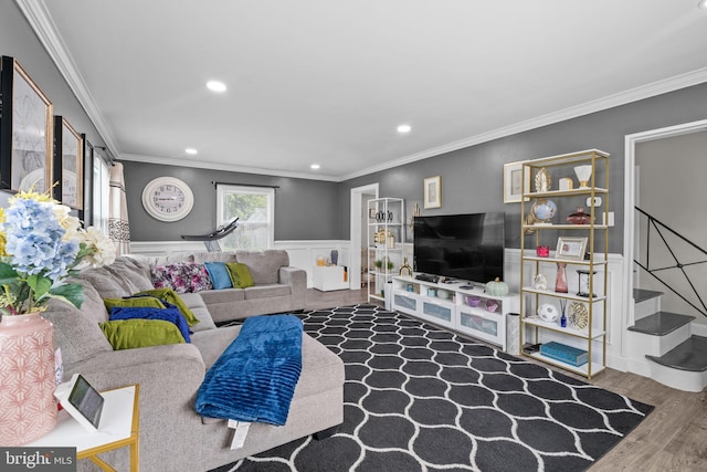 31 Mercator Ln, Willingboro, NJ 08046 - living area featuring wood finished floors, ornamental molding, recessed lighting, stairs, and wainscoting