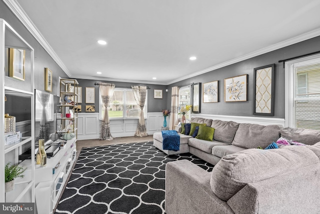 31 Mercator Ln, Willingboro, NJ 08046 - living room with crown molding, recessed lighting, wood finished floors, and wainscoting