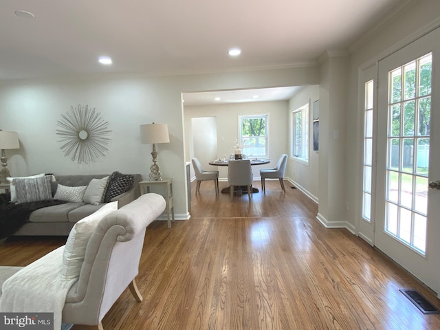 3103 Woodhaven Dr, Cinnaminson, NJ 08077 - living room with ornamental molding, wood finished floors, and recessed lighting