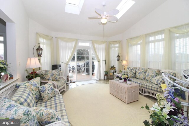 802 Chesapeake Ct, Newark, DE 19702 - living room featuring a skylight, lofted ceiling, and ceiling fan