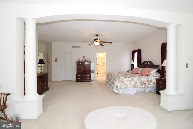 802 Chesapeake Ct, Newark, DE 19702 - bedroom featuring light carpet, ornate columns, and connected bathroom