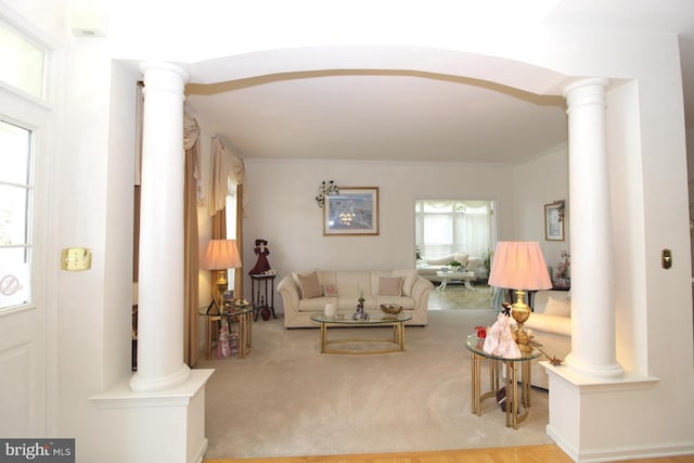 802 Chesapeake Ct, Newark, DE 19702 - carpeted living area with decorative columns and ornamental molding