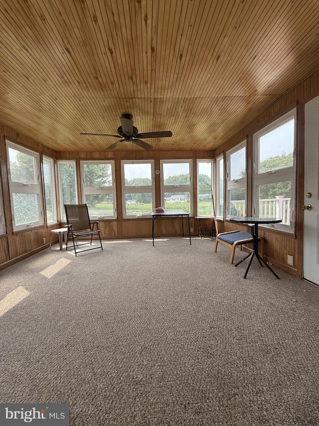518 Leo Ct, Smyrna, DE 19977 - unfurnished sunroom with a ceiling fan, wood ceiling, healthy amount of natural light, wooden walls, and carpet floors