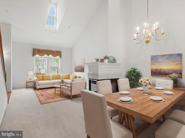 2135 Vittoria Ct Unit 33, Bowie, MD 20721 - dining space with high vaulted ceiling, a chandelier, light carpet, a skylight, and a glass covered fireplace