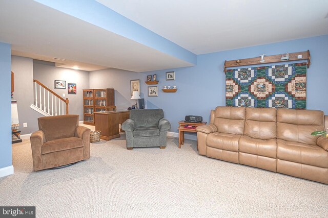 1 Chase Cir, Barto, PA 19504 - carpeted living room featuring stairs and baseboards