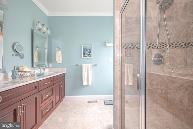 1 Chase Cir, Barto, PA 19504 - bathroom featuring ornamental molding, a shower stall, and double vanity